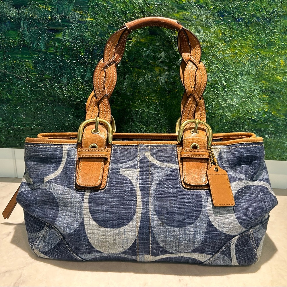 Coach Denim Signature Monogram Satchel Leather Shoulder Bag + Original Dust Bag - Picture 12 of 14